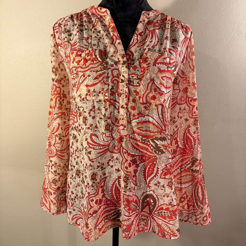 Northcrest Paisley Split-Neck Tunic Top Roll-Tab Sleeve Blouse Red Orange M EUC